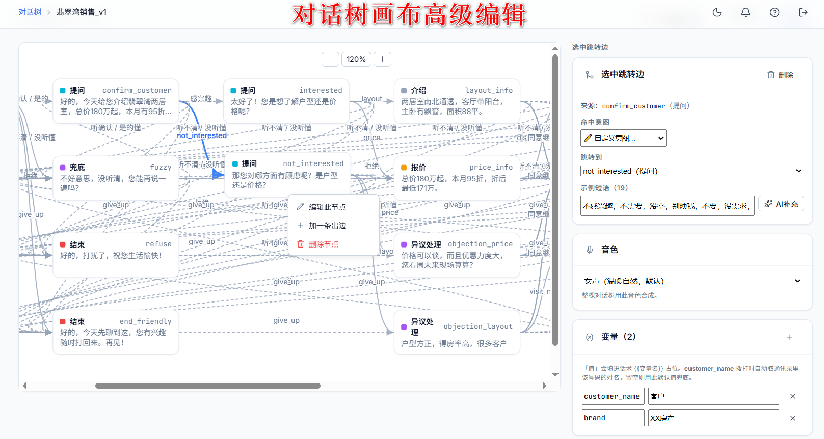 对话树画布高级编辑界面:可视化节点、跳转边、意图与音色配置